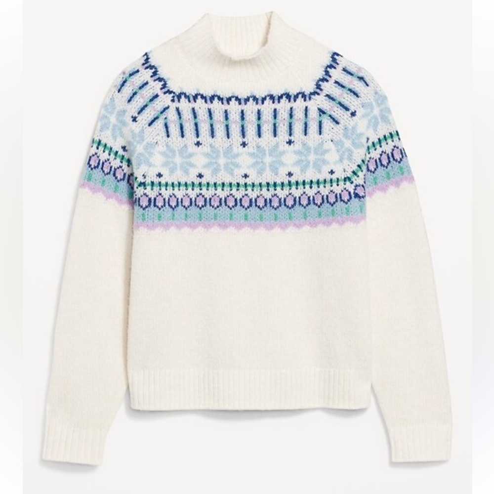 Old Navy Size M Preppy White Sweater‎ with Blue and Purple Pattern